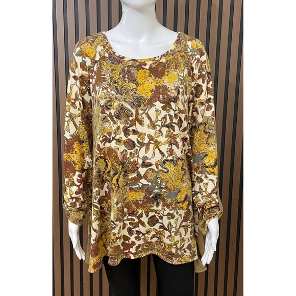 John Mark Women's L Yellow Blouse Polyester Tunic Floral Casual Boho Stretch - Picture 1 of 8